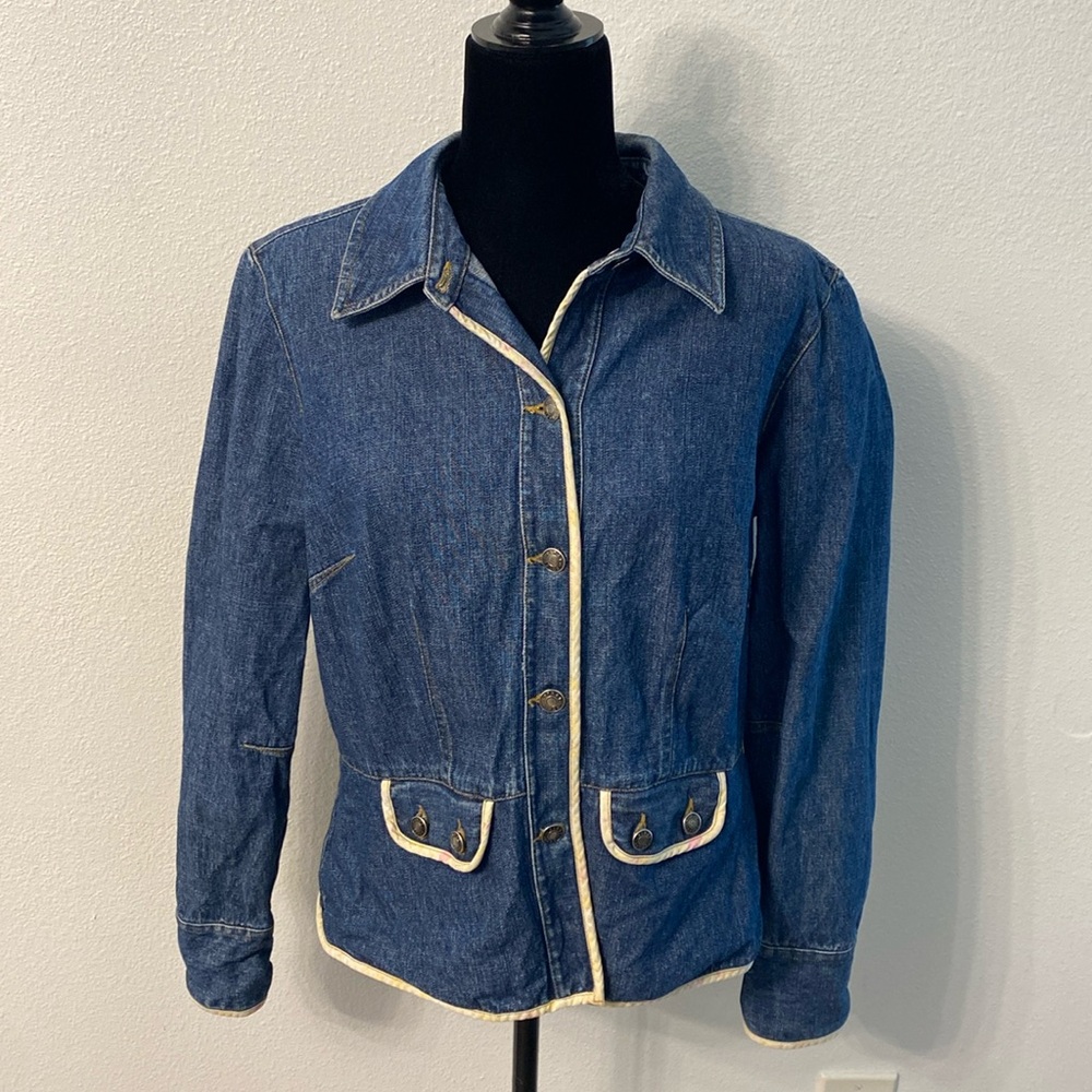 First Issue Denim Jacket w/ Cream Floral Trim Size L (fits like size medium)